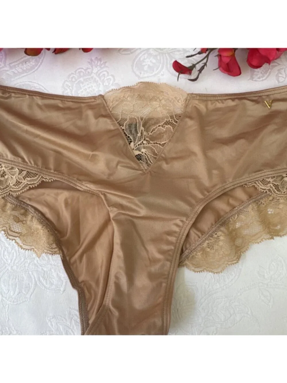 VICTORIA'S SECRET M DREAM ANGELS NUDE GOLD SILKY & LACE CHEEKY THONG PANTIES NWT